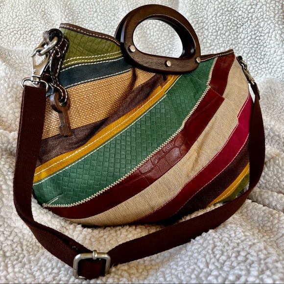 Fossil Handbags - Vintage Y2K Fossil Satchel Wood Handle Leather Multicolor